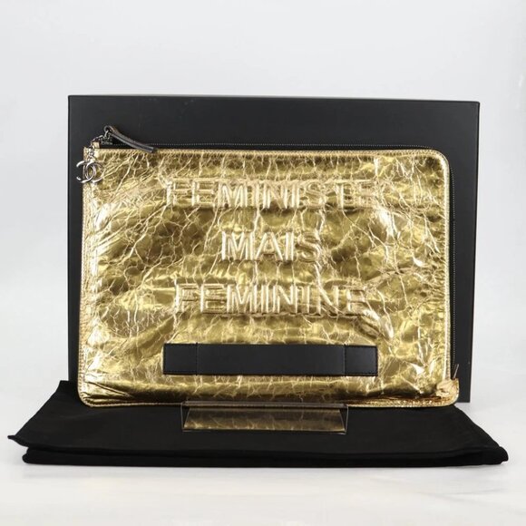 CHANEL Clutch Bag Leather Gold CC Auth 123083V - Picture 1 of 15
